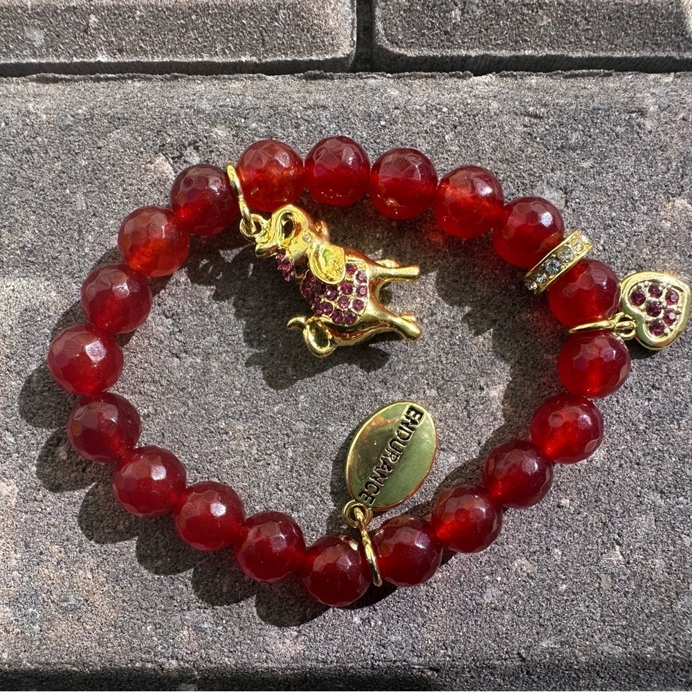 Red crystal endurance elephant charm beaded elegant sparkly bracelet